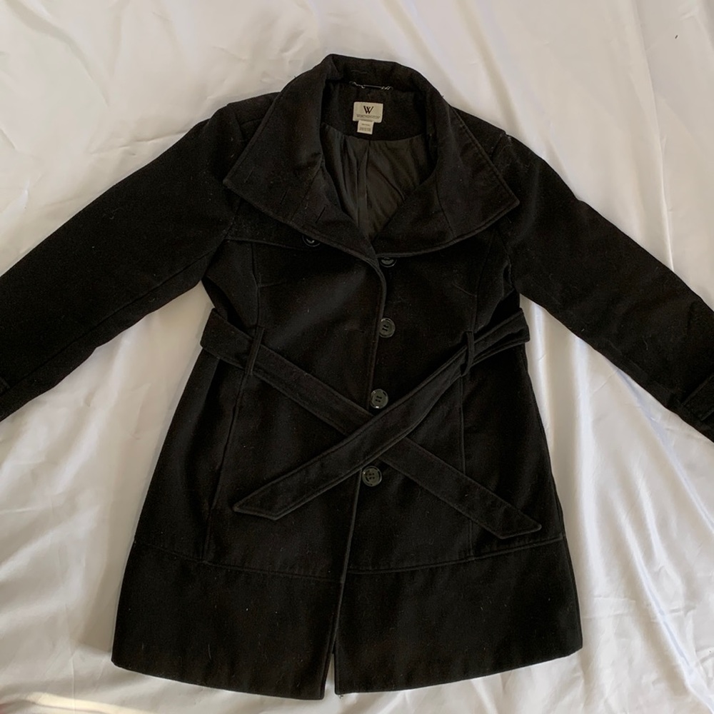 Worthington Long black woman’s belted pea coat-size X-Large
